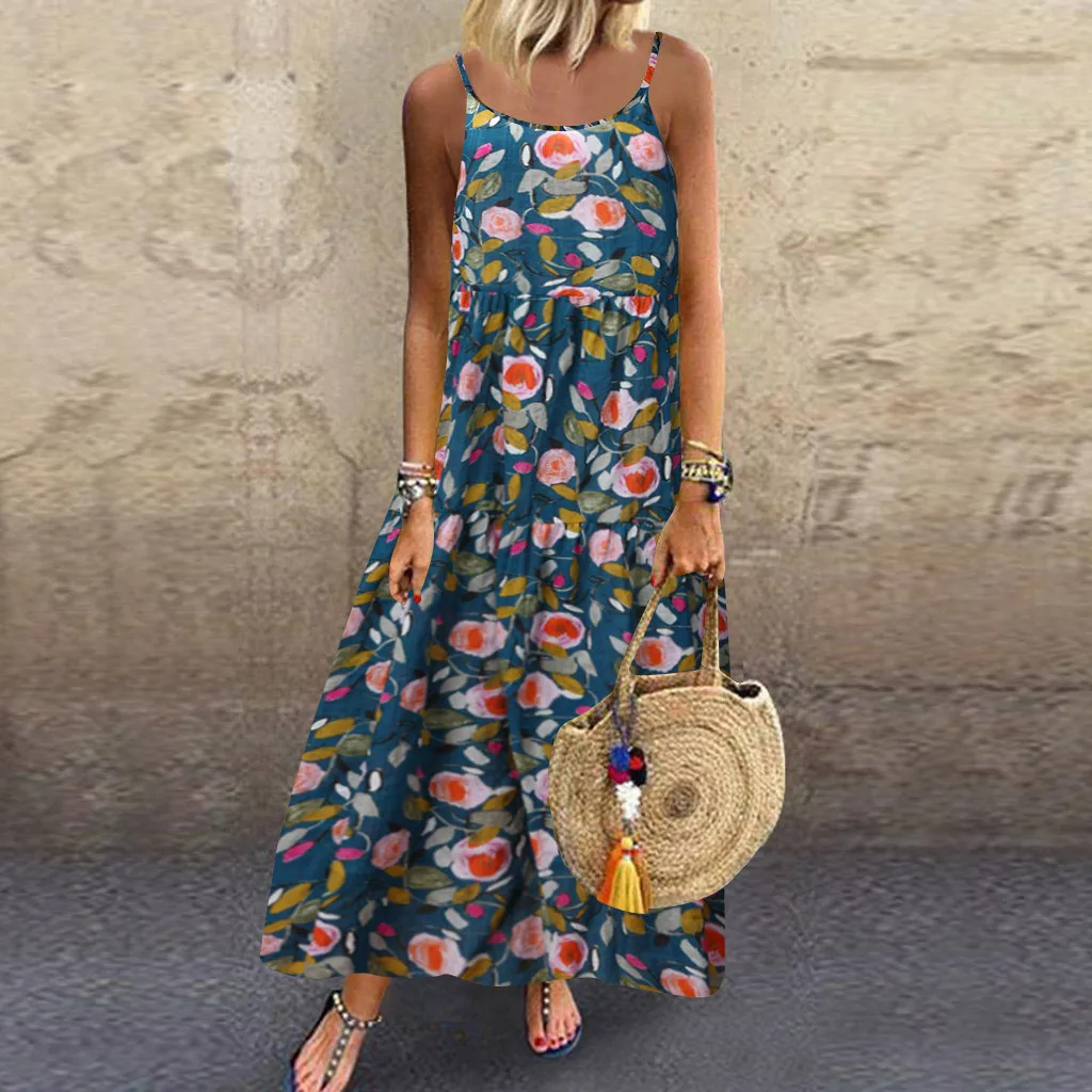 

Feitong Summer Womens Loose Dreeses Plus Size Casual Loose Sleeveless Boho Sundress O-Neck Retro Linen Print Long Maxi Sukienka