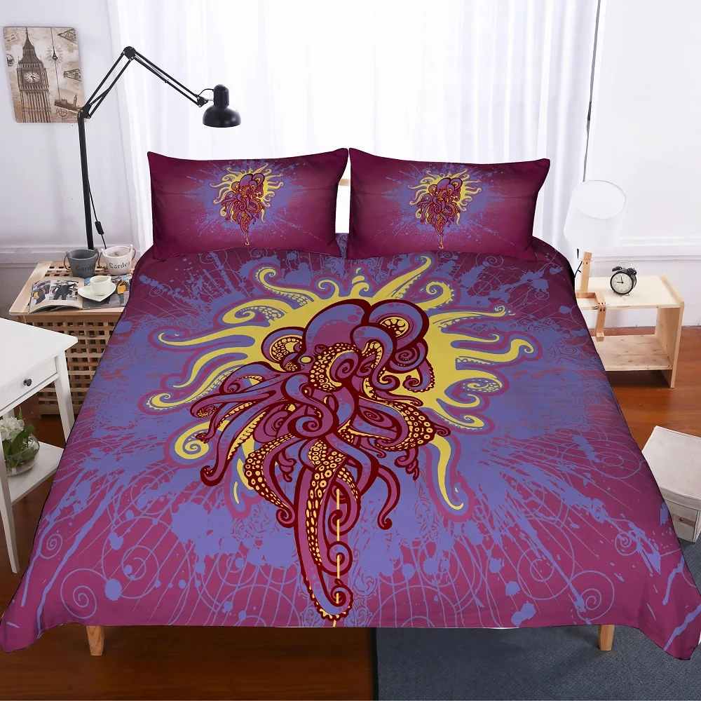 

3D Printed Red Blue Yellow Octopus Tentacles Comforter Set Teens Boys Home Duvet Cover Set 2/3Pcs Sea Animals Microfiber Bedding