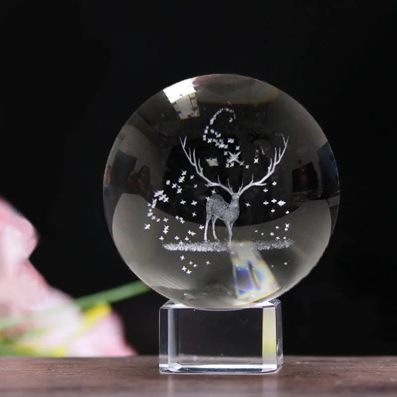 3D лазерная гравировка фигурки лося хрустальный шар K9 художественная Коллекционная Сфера фэн шуй стеклянный шар ремесла аксессуары для дома