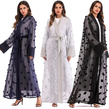 

With Hijab Turkish Islamic Clothing 2019 UAE Kaftan Abaya Dubai Long Chiffon Floral Mesh Cardigan Muslim Dress Women Jilbab Robe