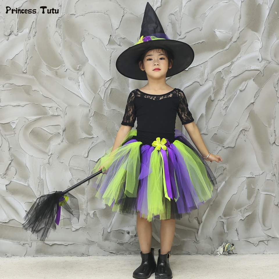 Witch Tutu Skirt Set For Girls Halloween Party Costume Witch Cosplay Children Tulle Skirt And Hat Magic Broom Kids Tutu Set 1 14 Aliexpress