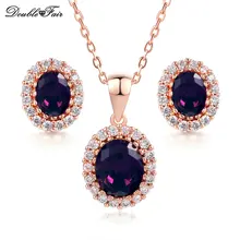 Двойной фиолетовый овальный кристалл ожерелье подвеска и серьги-гвоздики Розовое золото Цвет кубический цирконий свадебный ювелирный набор DFS384