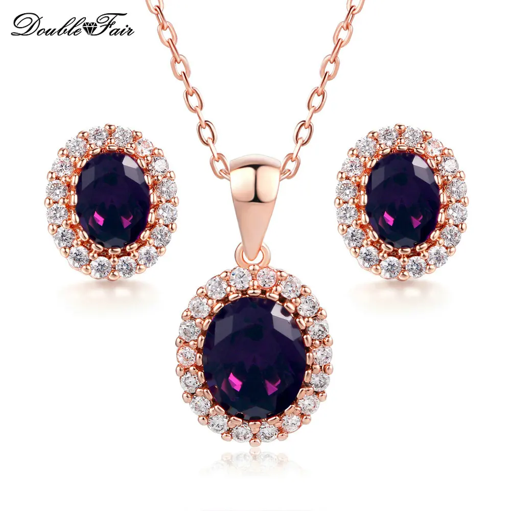 

Double Fair Purple Oval Crystal Necklace Pendant & Stud Earring Rose Gold Color Cubic Zirconia Bridal Wedding Jewelry Set DFS384
