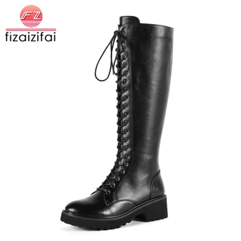 

Coolcept Women Real Leather High Heel Boots Winter Gladiator Warm Fur Platform Shoes Woman Lace Up Knee High Boots Size 34-43