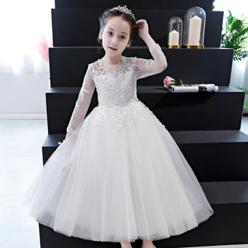 

2018Autumn Elegant Girls Full Sleeves White Lace Princess Dress Children Wedding Birthday Dress Fancy Party Pageant Formal Dress