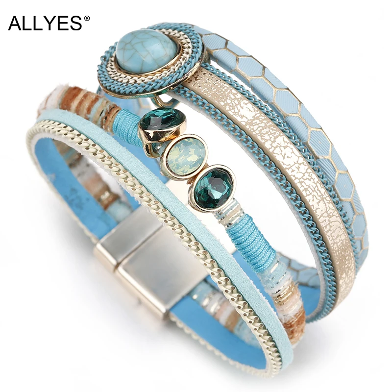 Женский кожаный браслет ALLYES в богемном стиле с голубым камнем, винтажные широкие кожаные браслеты и браслеты с кристаллами для женщин, ювелирные изделия
