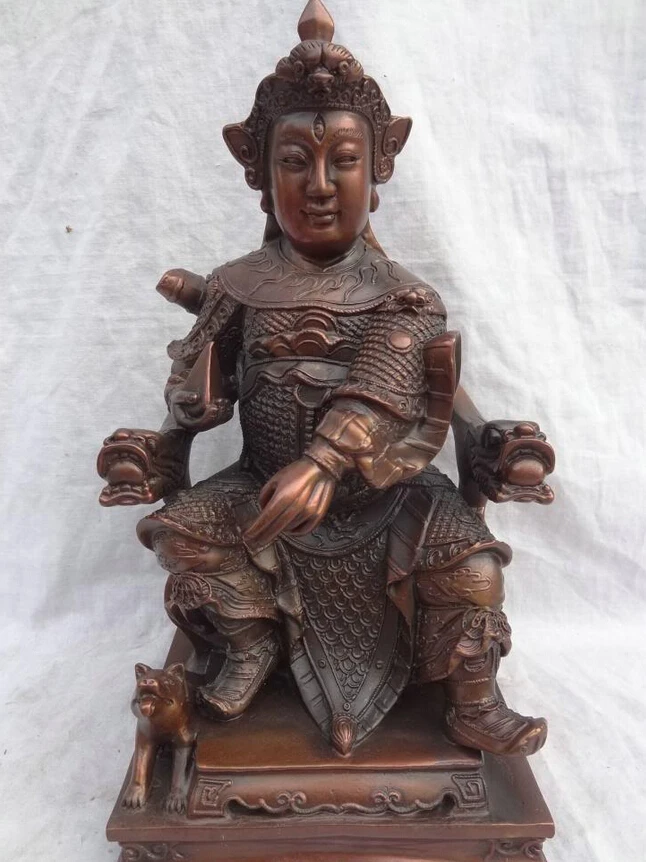 

USPS to USA S1592 12" Chinese Pure Bronze Taoism Dragon Head Warrior Erlang God & Dog Statue Set (B0413)