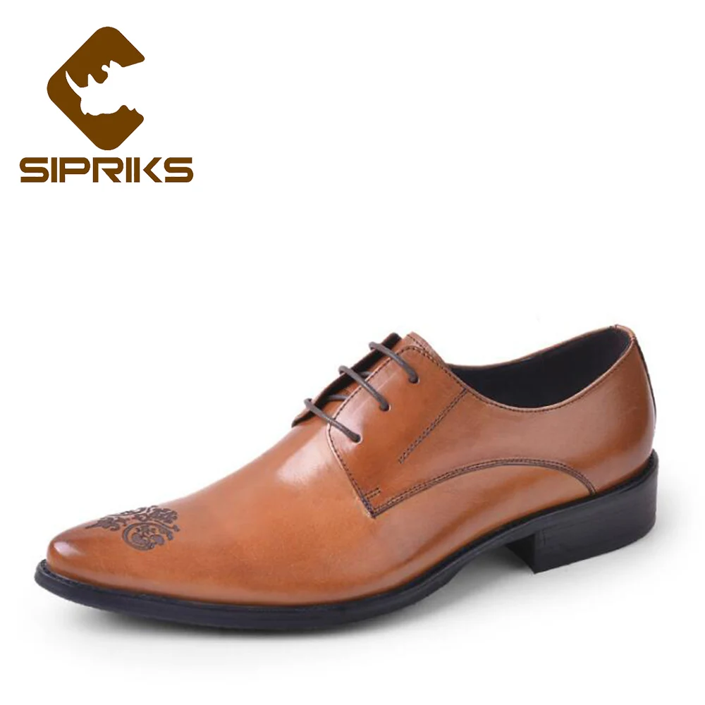 

SIPRIKS luxury mens full grain leather shoes tan leather dress shoes pointed toe derby shoes business office work flats new