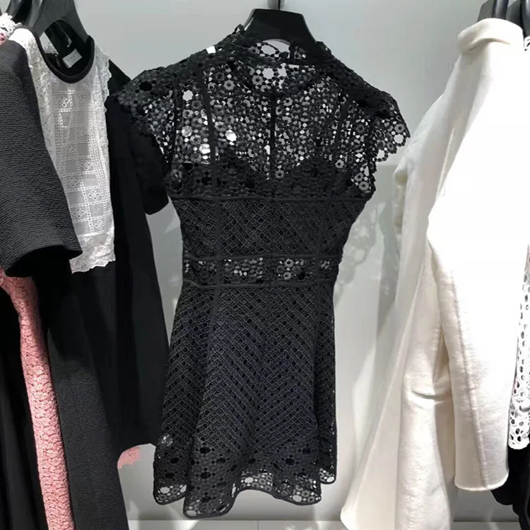 

2019 Spring New Goddess Fan Lace Women's Dress Knee-Length Off The Shoulder Sleeveless Hollow Out A-Line Dress Women