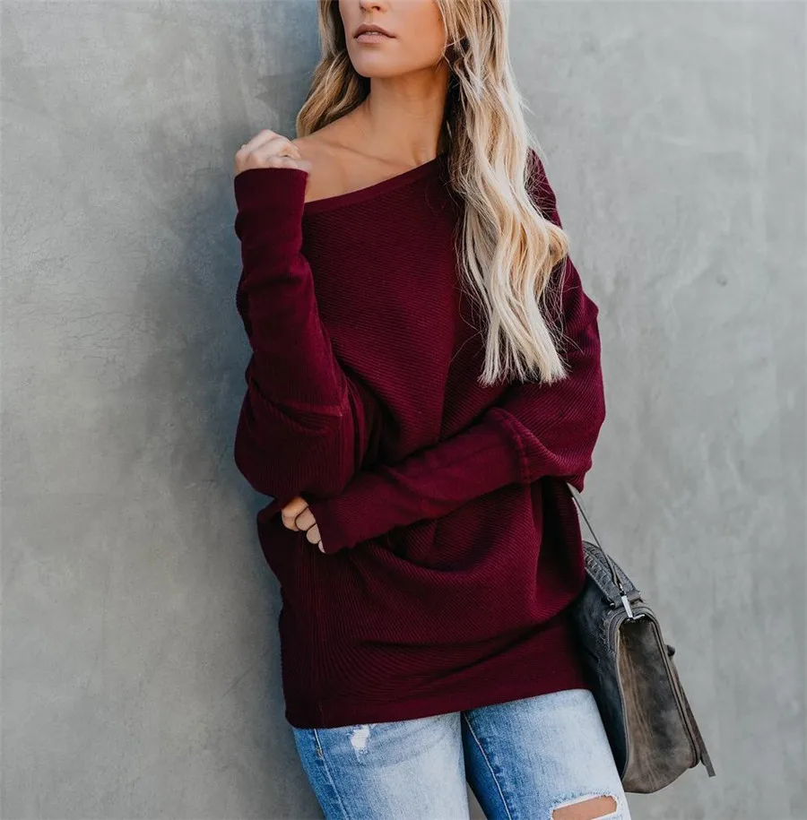Gladiolus Slash Neck Sexy Autumn Winter Sweater Women 2018  Long Sleeve Loose Casual Long Knitted Pullover Women Sweater Jumpers (22)