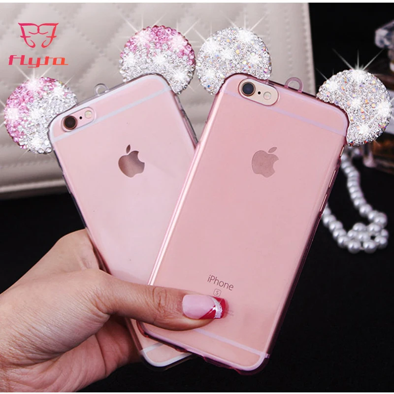 

FlyTo Case for IPhone 7 8 Plus Luxury Diamond Mickey Ear Soft Shell Phone Bag Case for IPhone 6 6S Plus IPhone X Pouch Coque
