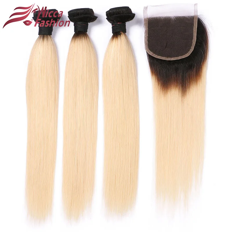 Dream Beauty Brazilian Straight Hair 1B 613 Ombre Blonde Bundles with Closure Remy Human Hair Bundles Weave with Closure