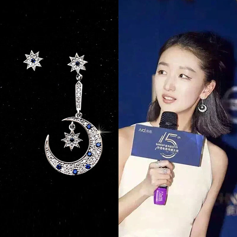 

925 Sterling Silver Stud Earrings Moon Asymmetric Zircon Stud Earrings For Women Jewelry Free Shipping Brincos