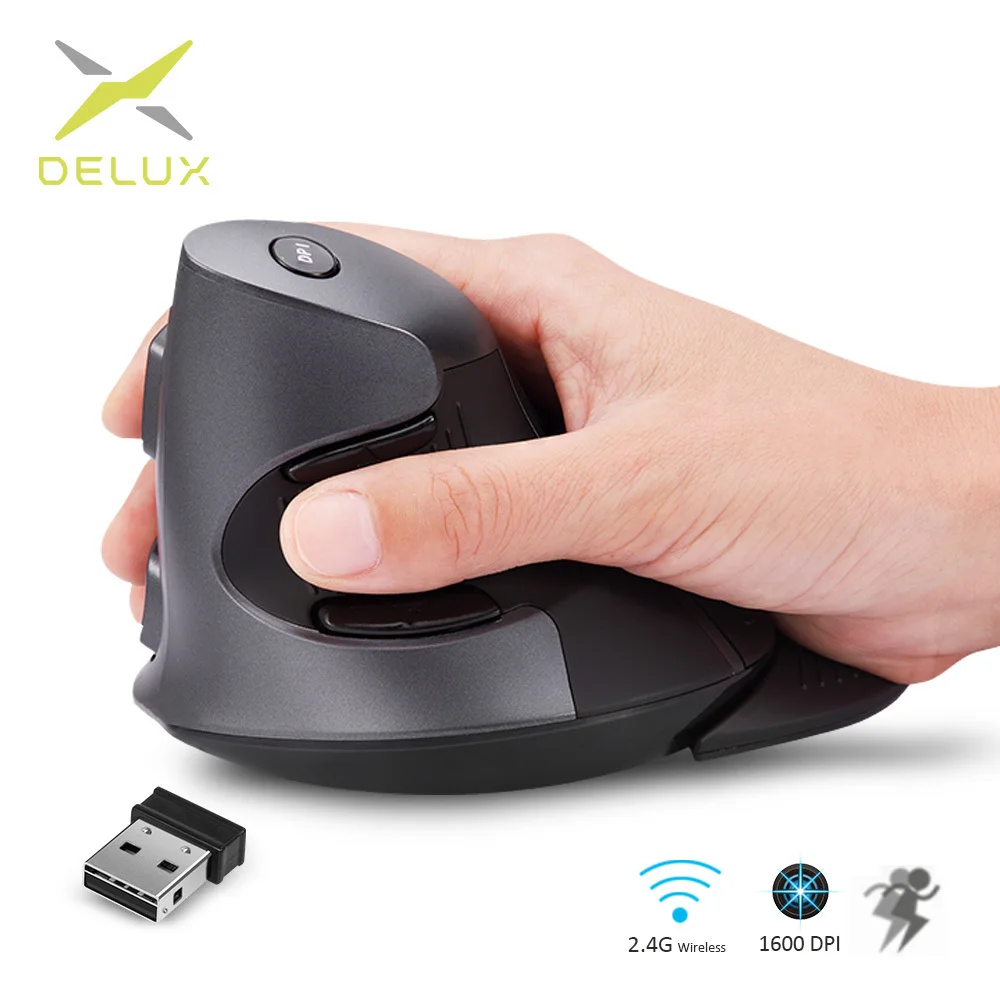 Цена Delux M618GX эргономичная Вертикальная беспроводная мышь 6 кнопок 1600 точек дюйм оптическая мышь с 3 вида цветов силиконовым резиновым корпусом дл...