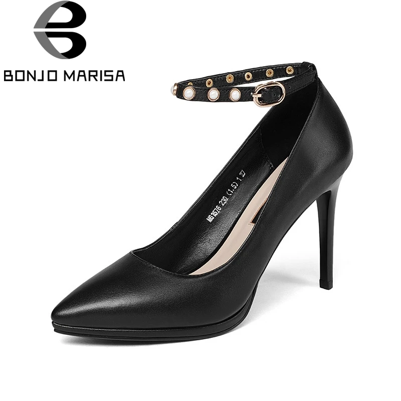 

BONJOMARISA 2018 Spring Autumn Black Cow Leather Women Ankle Strap Pumps Beading Super High Thin Heels Mature Shoes Woman