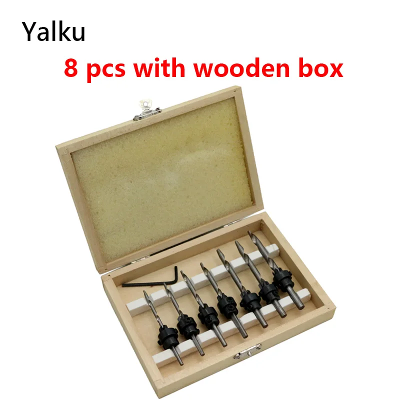 8pcs with box Мини-гаечный ключ и сверла по дереву, набор инструментов, деревянная коробка, набор сверл по дереву, Зенковка, сверла с гаечным ключом, электроинструмент - Цвет: 8pcs with box