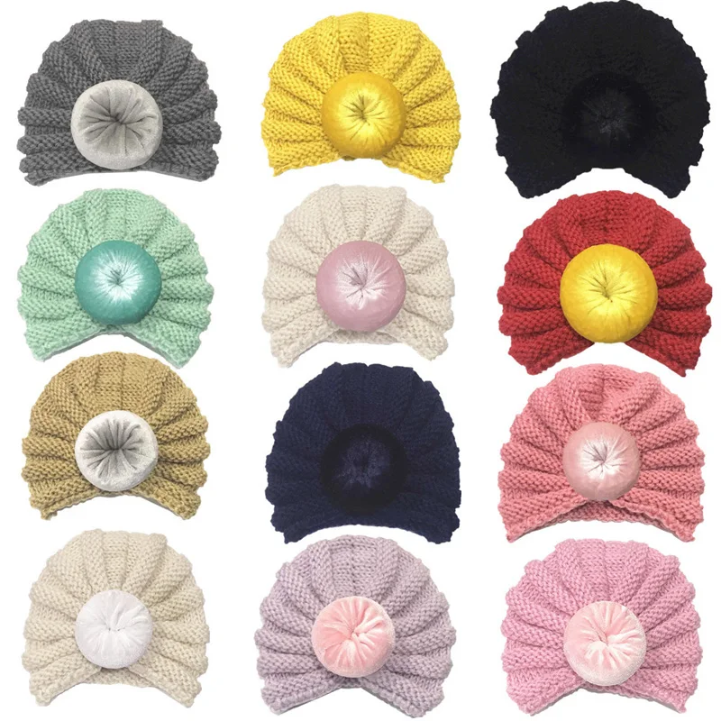 Модная детская зимняя шапка, вязаная детская шапка для девочек, Шапка-бини, детские шапки-тюрбан, 12 цветов, шляпа для фотографирования новорожденных
