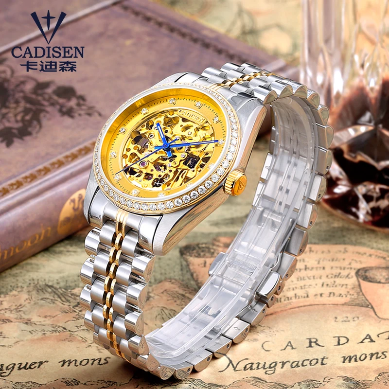

c8105 Cadisen gold watch men's skeleton mechanical table stainless steel top men's luxury table Montre Homme hollow watch