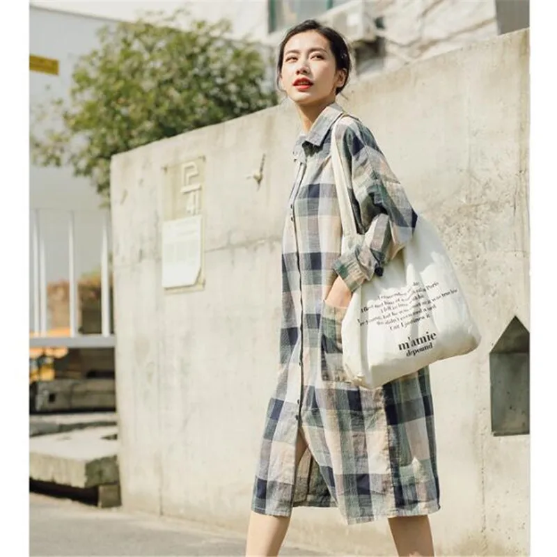 Женская длинная рубашка в клетку из хлопка и льна|shirt female|long shirtplaid women |