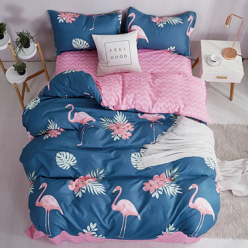 Синий Фламинго комплекты постельных принадлежностей один размер постельные принадлежности с цветами Набор полиэстер реактивной Pinted двойное одеяло покрывало простыня набор