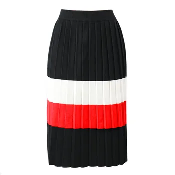 

MNOGCC 2019 autumn winter fashion design knitted striped a line pleated skirt Women Stretch Woolen Pencil Skirt Knee Length Skir