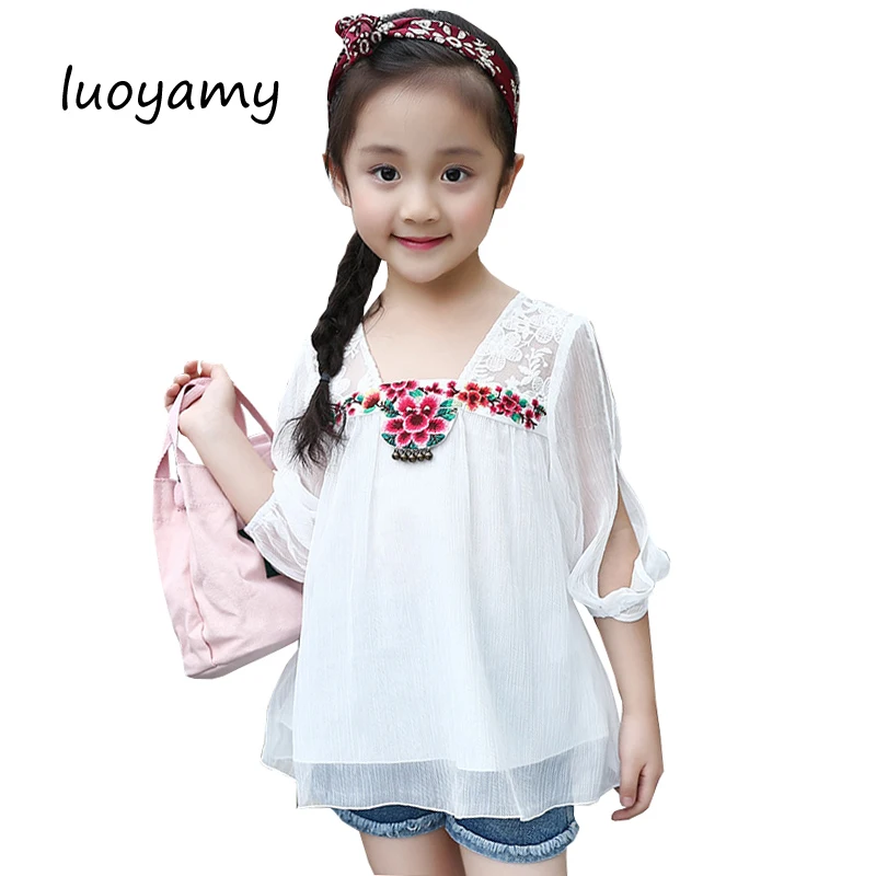 

luoyamy Girl Summer School Blouse Lace Tops Baby Chiffon Flower Embroidery Shirts Children Kids Girls Blouses Designs