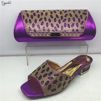 

Charming party set purple African slipper shoes matching with purse handbag set GY21 heel height 4cm