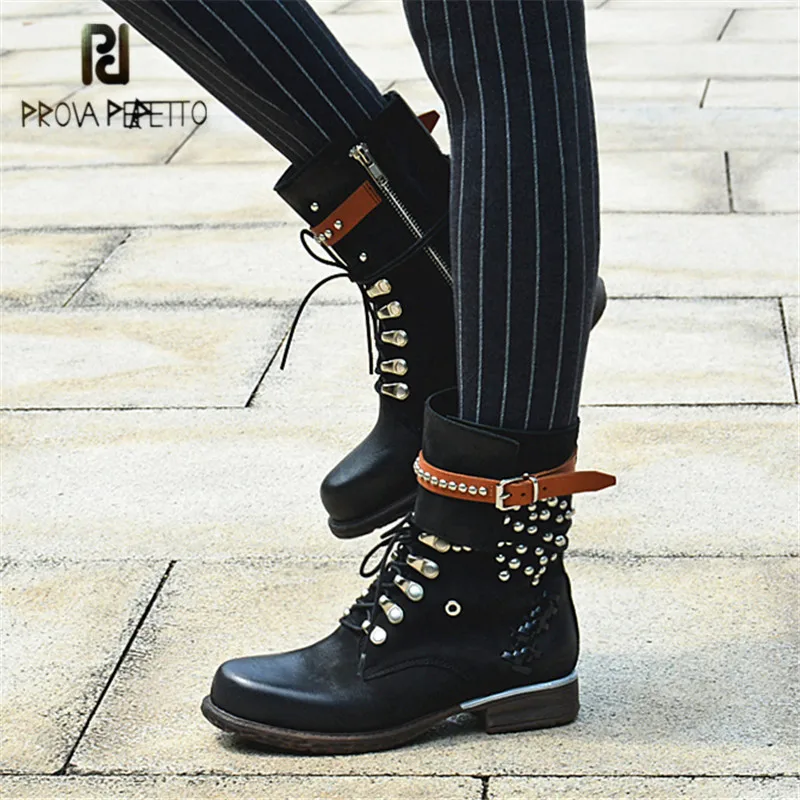 

Prova Perfetto Black Ankle Boots for Women Rivets Studded Genuine Leather Martin Boot Autumn Winter Female Platform Rubber Boots
