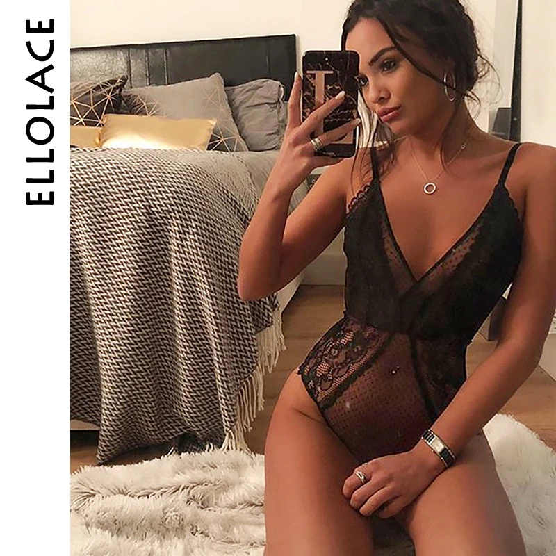 Ellolace شبكة خليط النساء ارتداءها الجوف خارج V الرقبة Bodycon عارية الذراعين الصلبة الأسود مثير بذلة جديد حزام وزرة داخلية