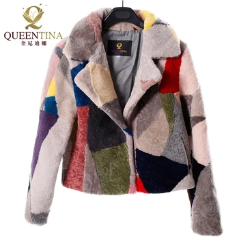 

Noble Genuine Fur Sheepskin Coats for Women Winter Fashion Wool Coat Female Patchwork Colors Warm Outwear Sheep Shearing Jacket
