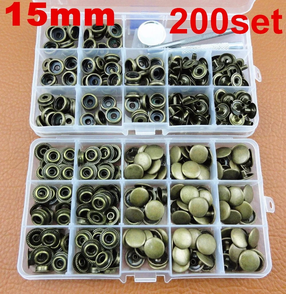

200sets 15mm Antique Brass Studs + Tool + Box Leather Craft Heavy Duty Snap Fasteners Press Stud Button Tool Set - Sewing Stitch