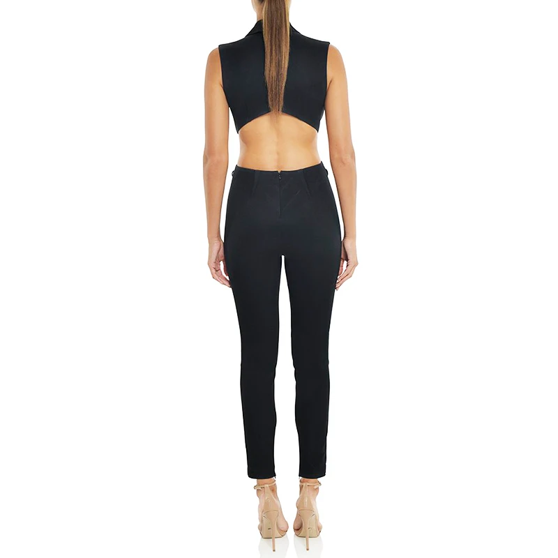 Beateen 2018 Black Cut Out Backless Sexy Jumpsuits Deep V Buttons Skinny Pant Full Length Women Party