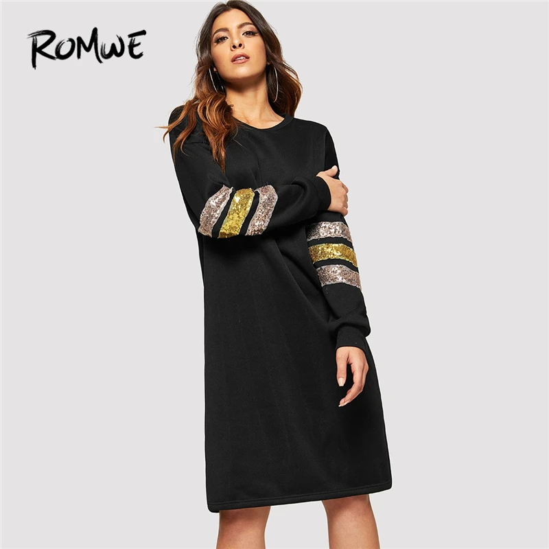 ROMWE черная толстовка с контрастными пайетками, платья, женская одежда, повседневная Осенняя коллекция, модное платье до колен с длинным рукавом и круглым вырезом