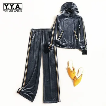 

Gold Velvet Tracksuit For Women Autumn High Street Pullover Sweatshirt Loose High Waist Trousers Striped 2 Piece Set Women New