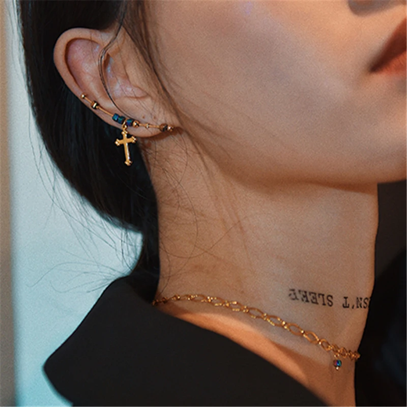 

HUANZHI 2019 Korea New Geometric Colored Squares Metal Beads Cross Pendant Auricle Stud Earrings for Women Girls Party Jewelry