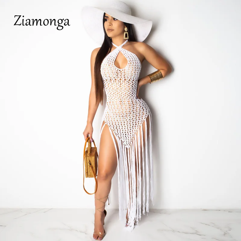 

Ziamonga 2019 New Women Summer Halter neck Open Back Knitted Hollow Out Tassel Maxi Dress Beach Sexy Dresses Vestidos 3 Color