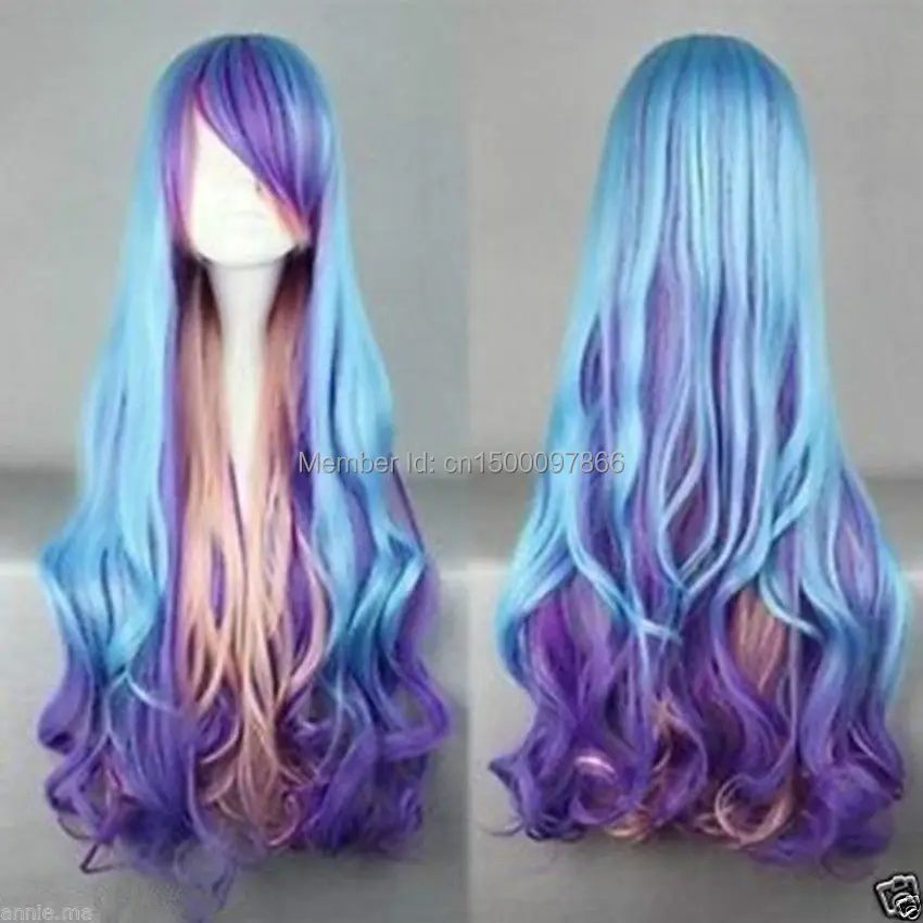 FREE P&ampP&gt&gt&gt&gtFashion Long Charm Lolita Curly Wavy Color Mixed Anime Cosplay purple wig |