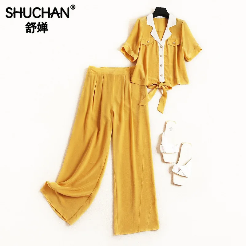 

Shuchan 2piece Set Women Natural Silk Yellow Short Top with Short Sleeve+pants Vintage Womens Clothes for Women Costume 11732