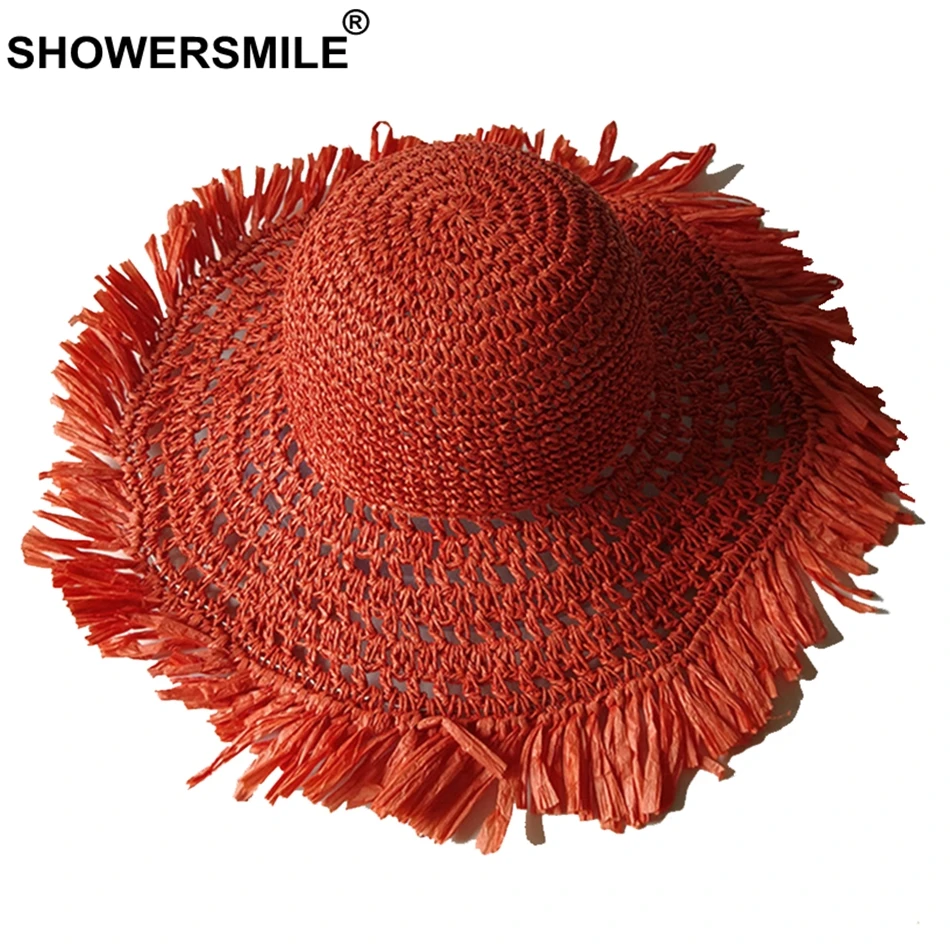 

SHOWERSMILE Women Summer Sun Hat Foldable Orange Female Paper Straw Hat Hollow Mesh Breathable Crochet Brand Ladies Beach Hats