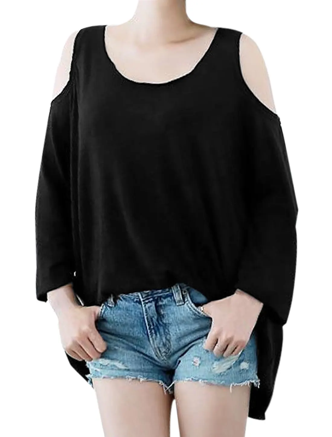 ALLEGRA K 1380 Women Cut Out Shoulder Scoop Neck Long Sleeves Tunic Top