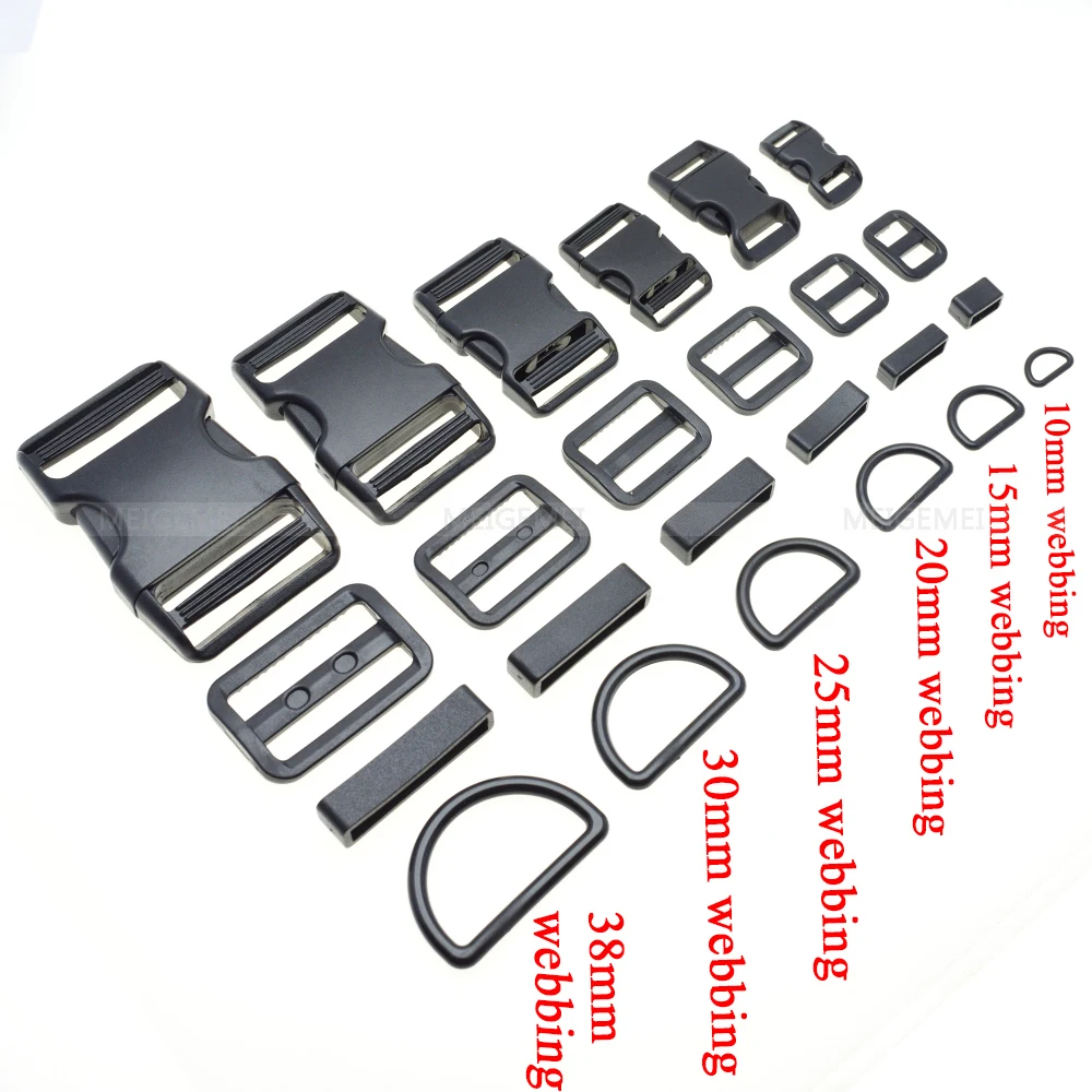 

1 set 10mm 15mm 20mm 25mm 30mm 38mm Plastic Slider Adjustable D Rings Belt Loop Curved Side Release Buckles For Paracord