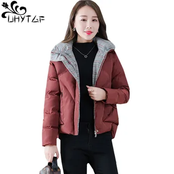 

UHYTGF M-4XL Oversized Cotton Short Outerwear Parker Women fashion Thin and light down jacket Standing collar Slim Warm Coat51