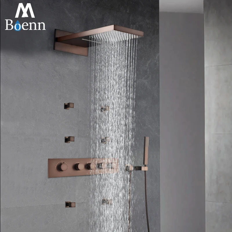 ORB Rainfall Shower Head Oil Rubbed Bronze Thermostatic Shower Faucet Sets Shower Spray Body Jets Massage Spa Waterfall Showers ORB Rainfall Shower Head Oil Rubbed Bronze Thermostatic Shower Faucet Sets Shower Spray Body Jets Massage Spa Waterfall Showers