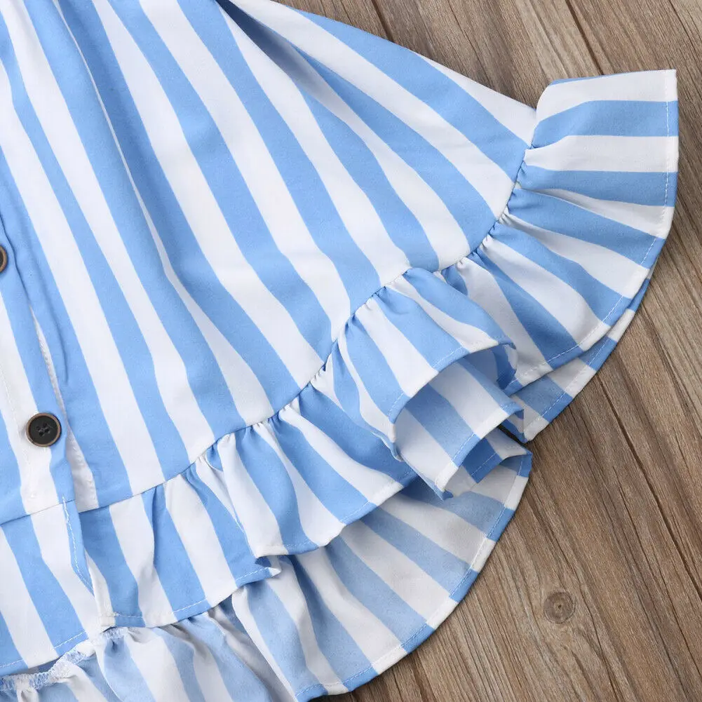 Детское Полосатое платье-комбинация для девочек пляжное платье с оборками и пуговицами одежда для маленьких девочек летний сарафан на ремне с бантом для девочек