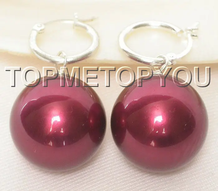 

Free shipping hot sale Women Bridal Wedding Jewelry >>>AAA Dangle big 20mm wine red round sea shell pearls earring 925sc E53