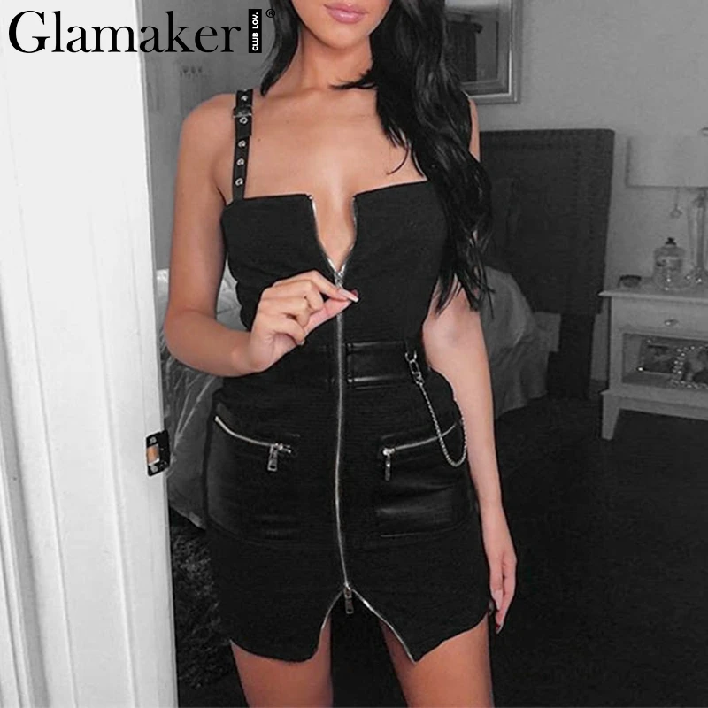 Женское платье с цепочкой Glamake черное облегающее на молнии без рукавов летнее