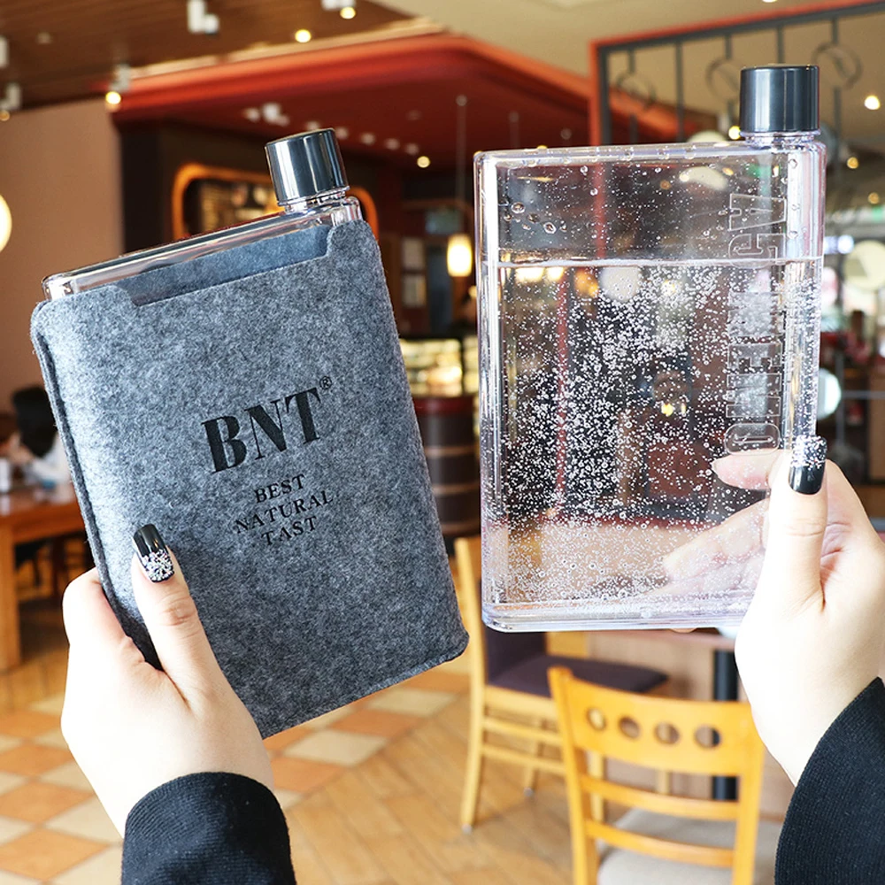 

420ML Water Bottle Shaker Sport Bottle Plastic Portable Memo Notebook Paper Water Bottle Creative Travel Sports Flat Kettle