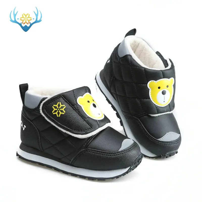 

low-cut black kids boots bear Decoration on upper for children thick foam lining short warm fur water-resistance upper free ship