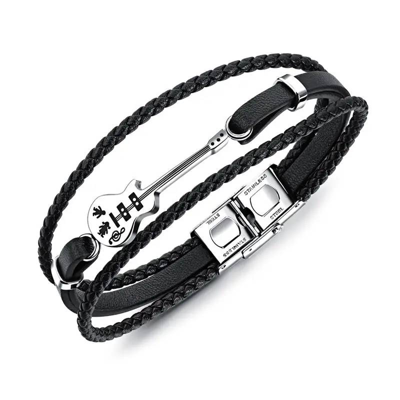Jiayiqi модный браслет «гитара» черный кожаный браслет плетеная веревка многослойный браслет из нержавеющей стали для мужчин ювелирные изделия панк 21 см - Окраска металла: A