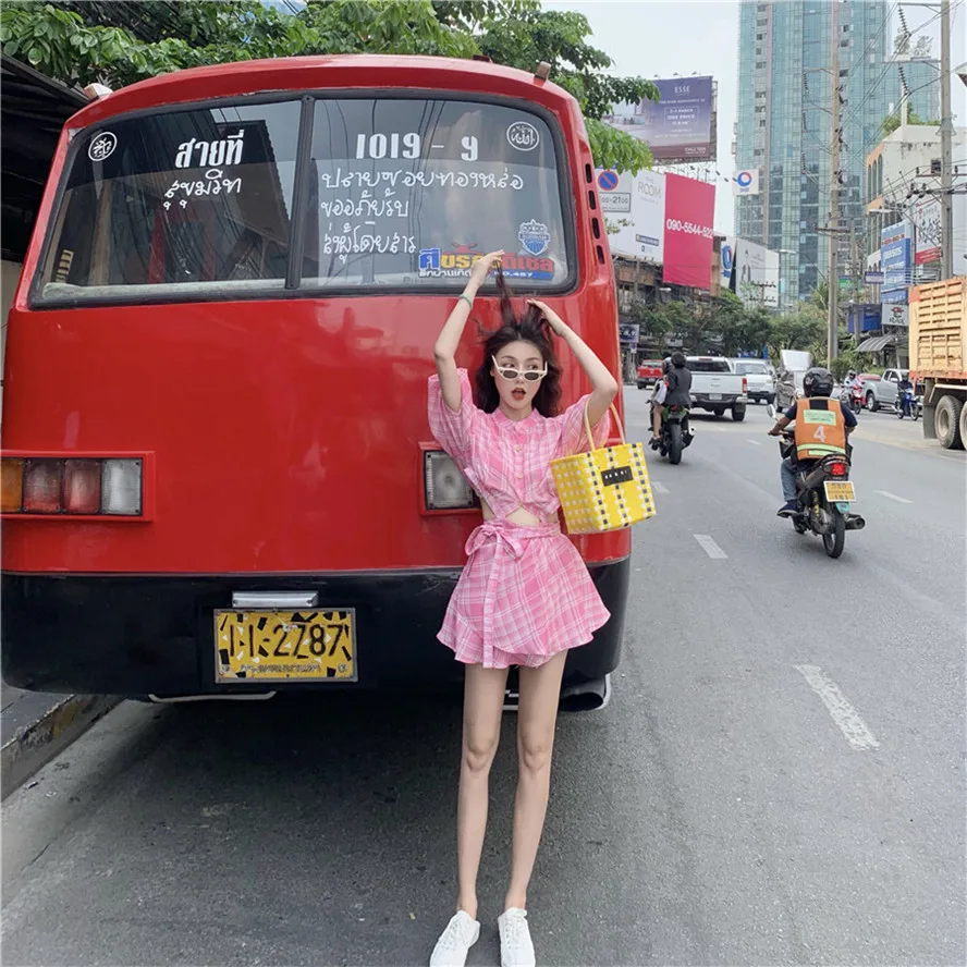 RUGOD/розовое летнее платье в клетку; Новинка; модное приталенное платье с пышными рукавами и завышенной талией; женское платье в Корейском стиле
